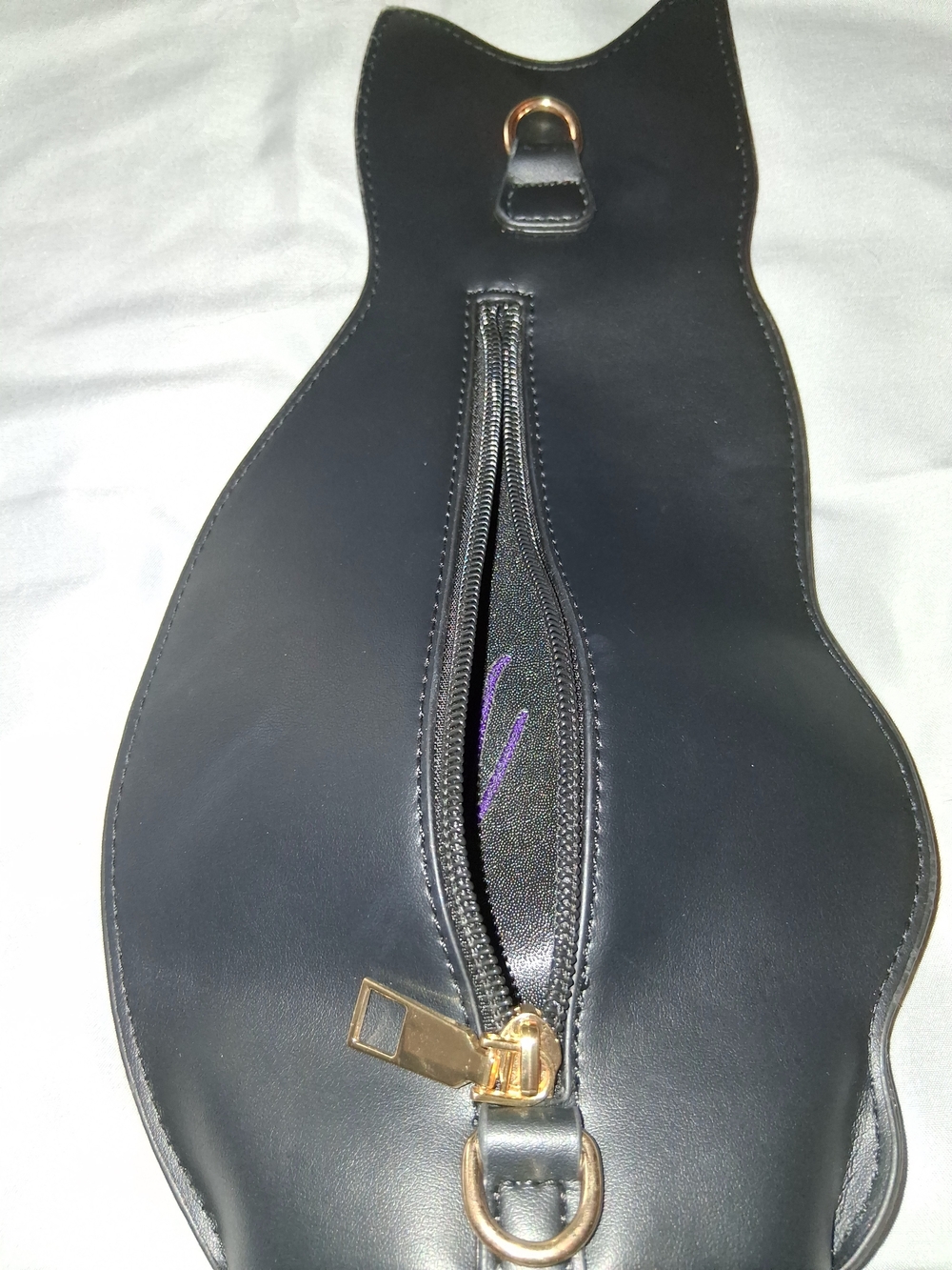 Black Faux Leather Cat Accessory with Purple Stitching No Strap - Picture 3 of 8